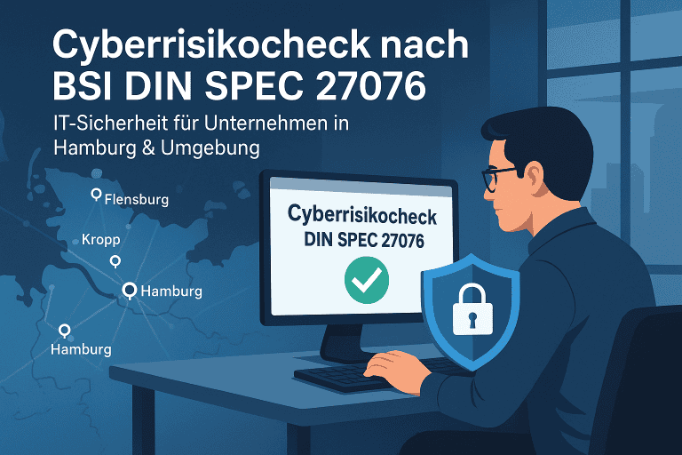 IT-Techniker beim Cyberrisikocheck nach BSI DIN SPEC 27076 in Hamburg, Flensburg, Kropp und Rendsburg mit Karte im Hintergrund