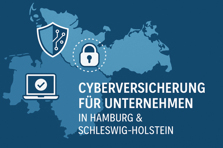 Karte von Hamburg und Schleswig-Holstein mit Symbolen für Cybersicherheit und Text "Cyberversicherung für Unternehmen"